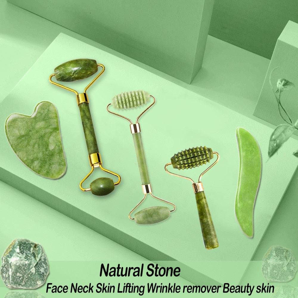 Natural Face Massager Gua Sha Jade Roller Face Massage Tool Set Face F –  Baby Lu Glam Cosmetics